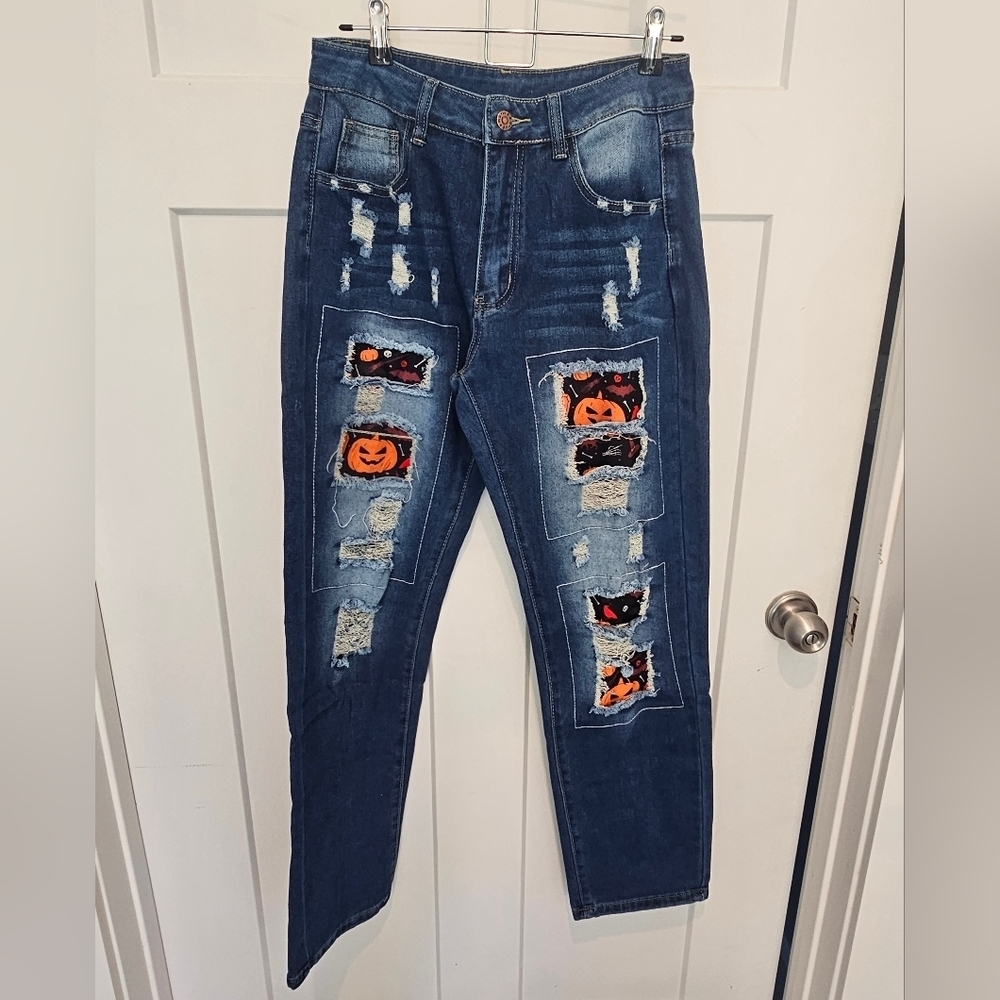 NEW! Jeans Only Halloween Patchwork Distressed Jeans Women’s Small Pumpkin Bat